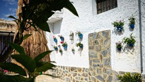 A courtyard with a stone floor, a white wall with flower boxes, and a thatched structure. - Finca Las Fuentezuelas (Carataunas)