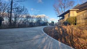 A residential street with a house on the right, a curved driveway, and leaf-covered ground. - Lake View Cabin in ranger GA 4 Bedrooms (Ranger)