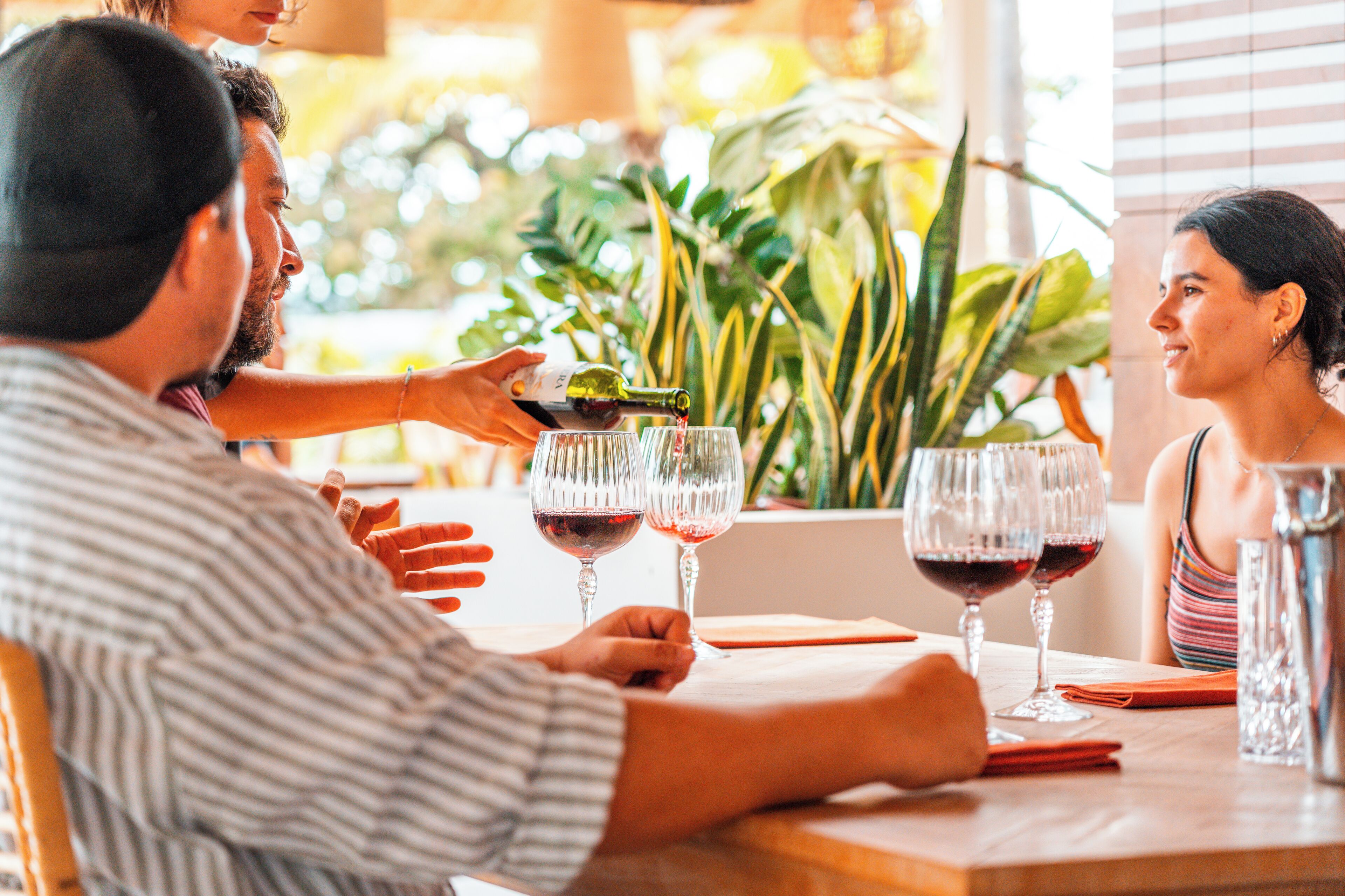 Un grupo de personas sentadas en una mesa de madera, con copas de vino, una botella y una jarra.