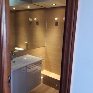 A modern bathroom with a sink, mirror, and toilet.