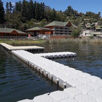 Un hotel frente al agua con un muelle que se adentra en el agua, rodeado de árboles y otros edificios.