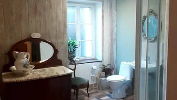 Shower, hair dryer, towels, toilet paper