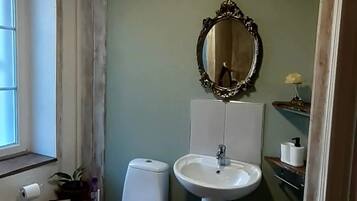 Shower, hair dryer, towels, toilet paper