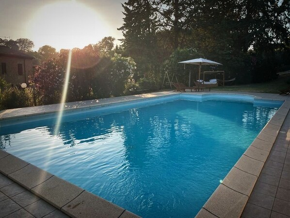 Seasonal outdoor pool, pool umbrellas, sun loungers