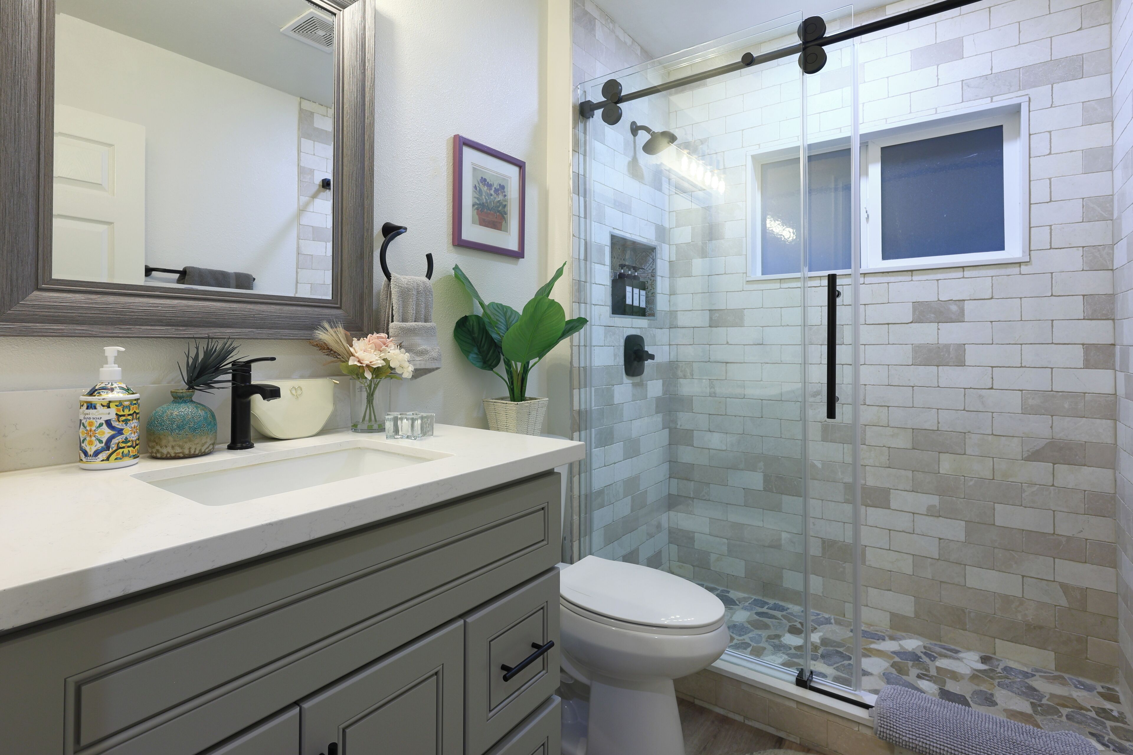 Hair dryer, towels, soap, shampoo