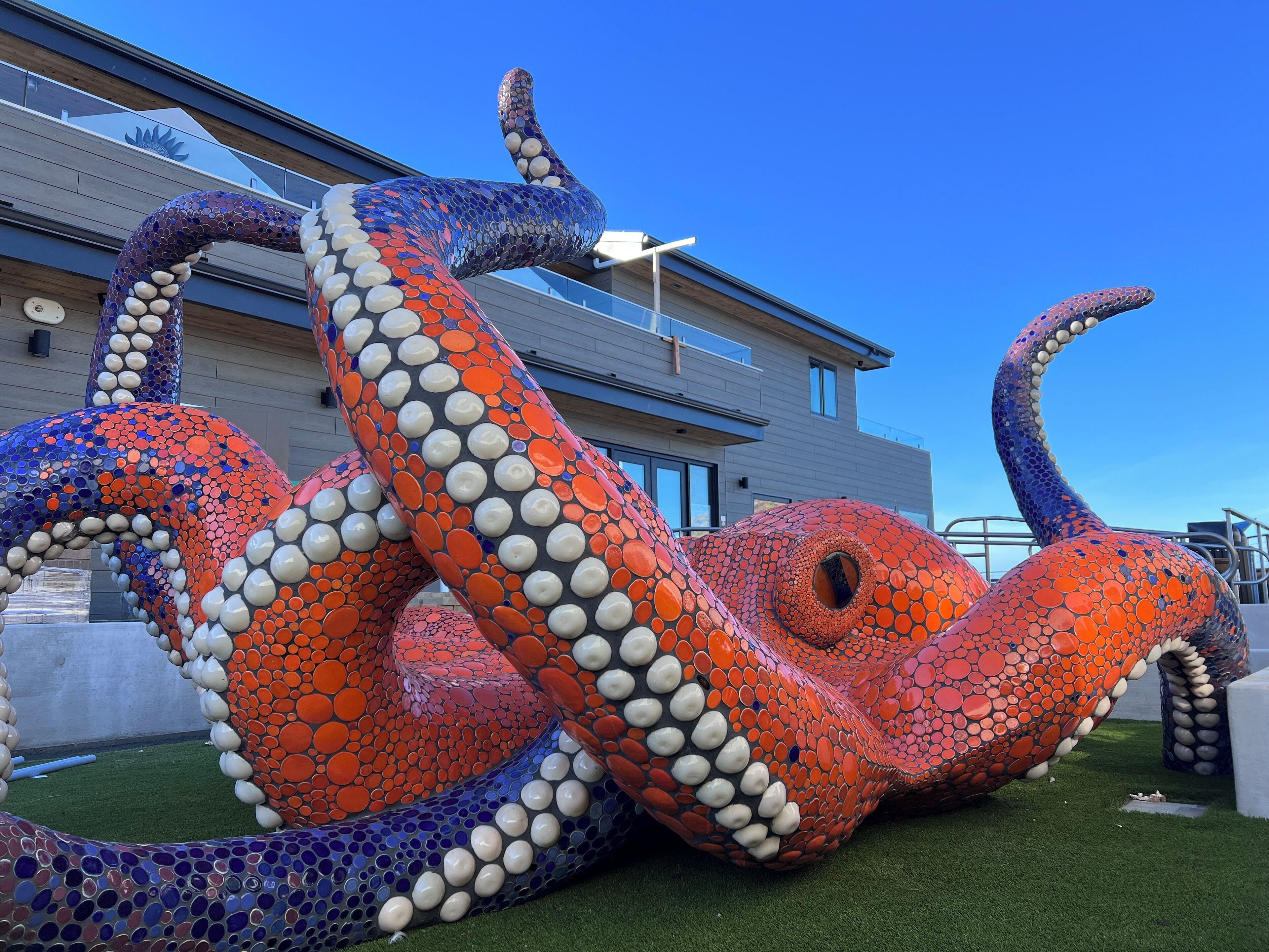 A large, colorful octopus sculpture with a modern building in the background.
