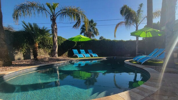 A swimming pool with clear water, surrounded by palm trees and blue lounge chairs. - Old Town Scottsdale modern decor big pool hot tub TV on patio Comfort Convenient (Scottsdale)