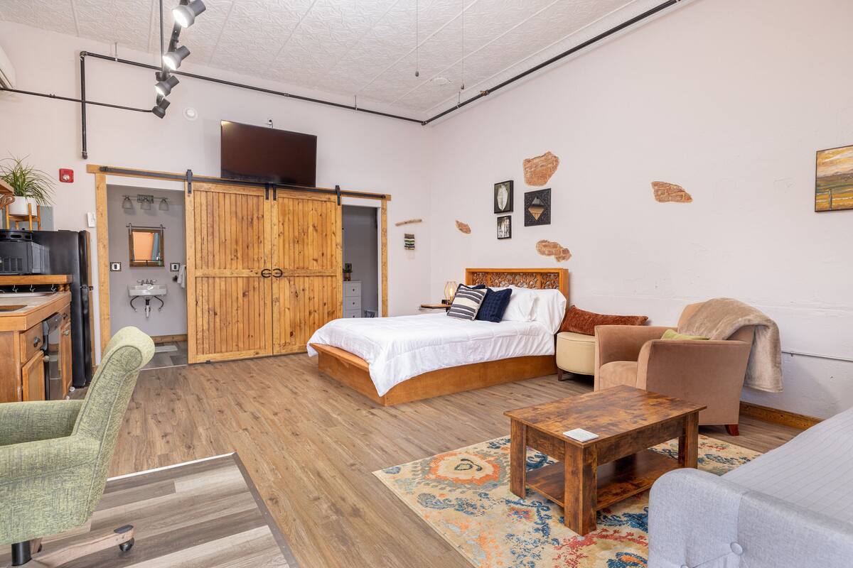 1 bedroom, desk, laptop workspace, iron/ironing board