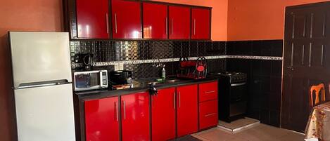 Fridge, microwave, oven, electric kettle