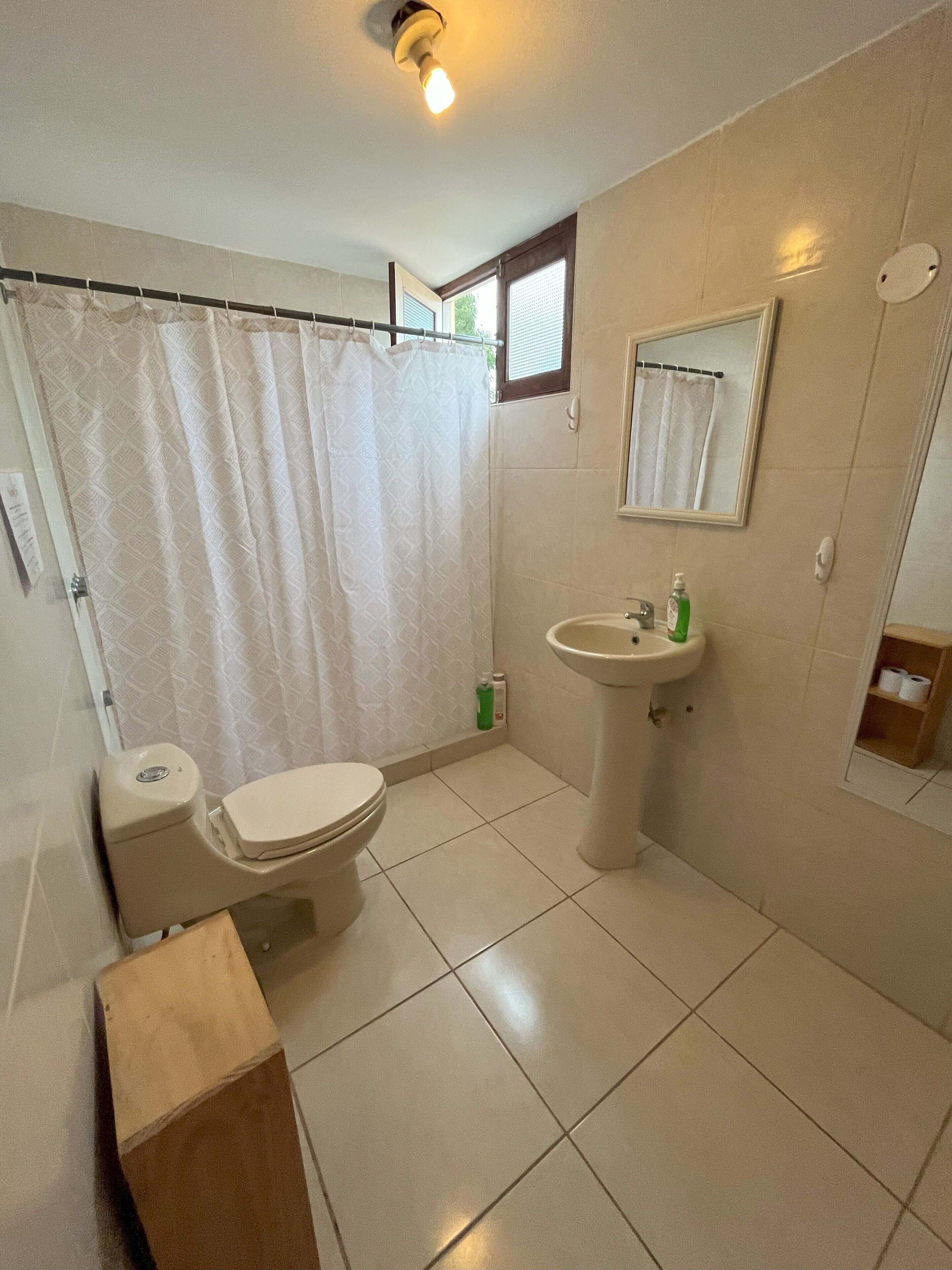 A bathroom with a toilet, sink, and shower curtain.