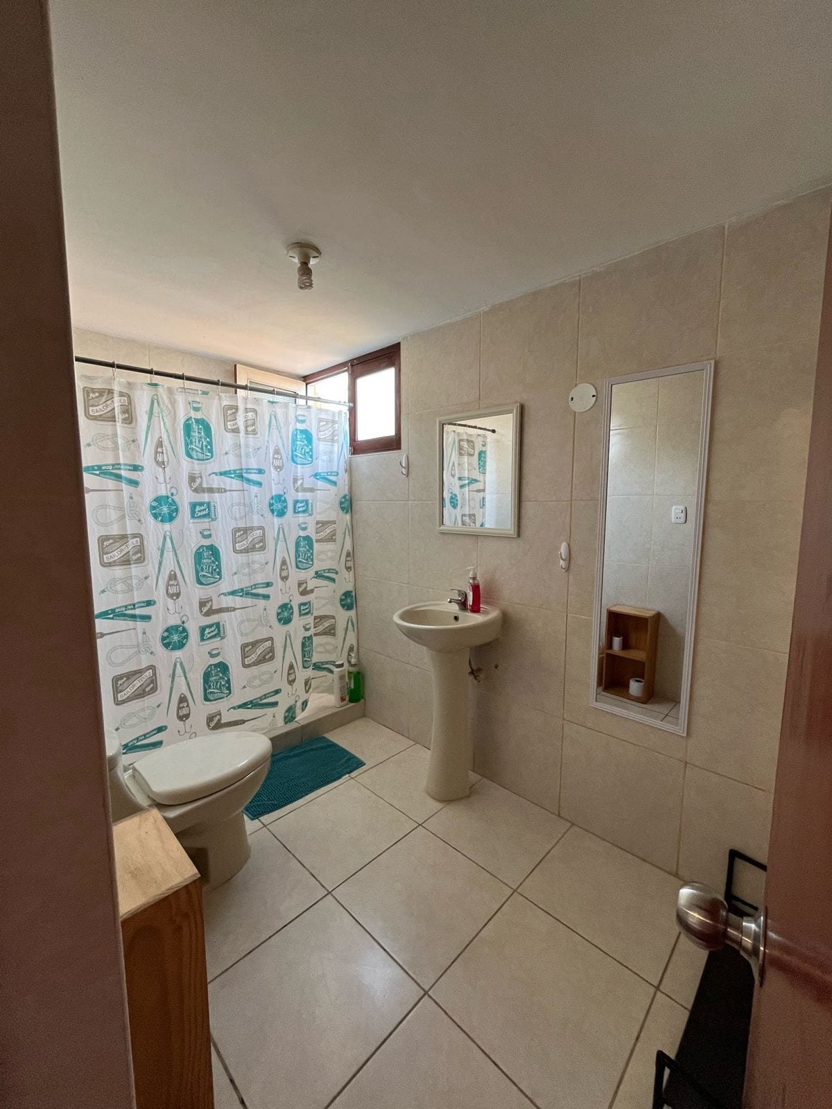 Une salle de bain équipée de toilettes, d’un lavabo et d’un rideau de douche.