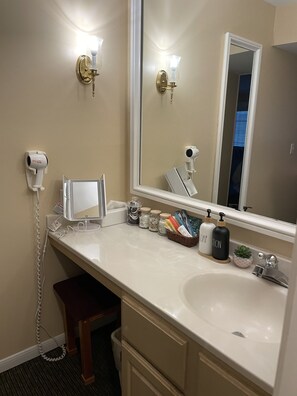 Hair dryer, towels, soap, toilet paper