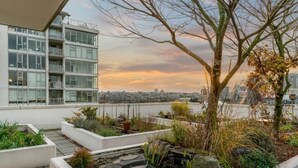 Un jardín en la azotea con macetas, un pequeño estanque y vistas a un paisaje urbano al atardecer.