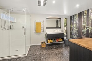 Hair dryer, towels, soap, toilet paper