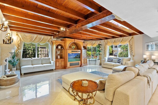 Smart TV, fireplace, books