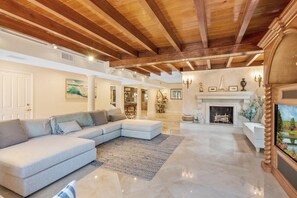 Smart TV, fireplace, books