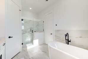 Hair dryer, towels, soap, toilet paper