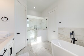 Hair dryer, towels, soap, toilet paper