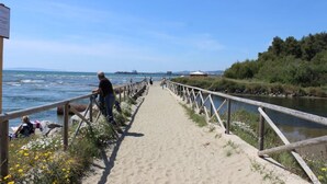 Une promenade en bois longeant la rive d’une rivière, avec un sentier sablonneux, des garde-corps en bois et de la verdure.