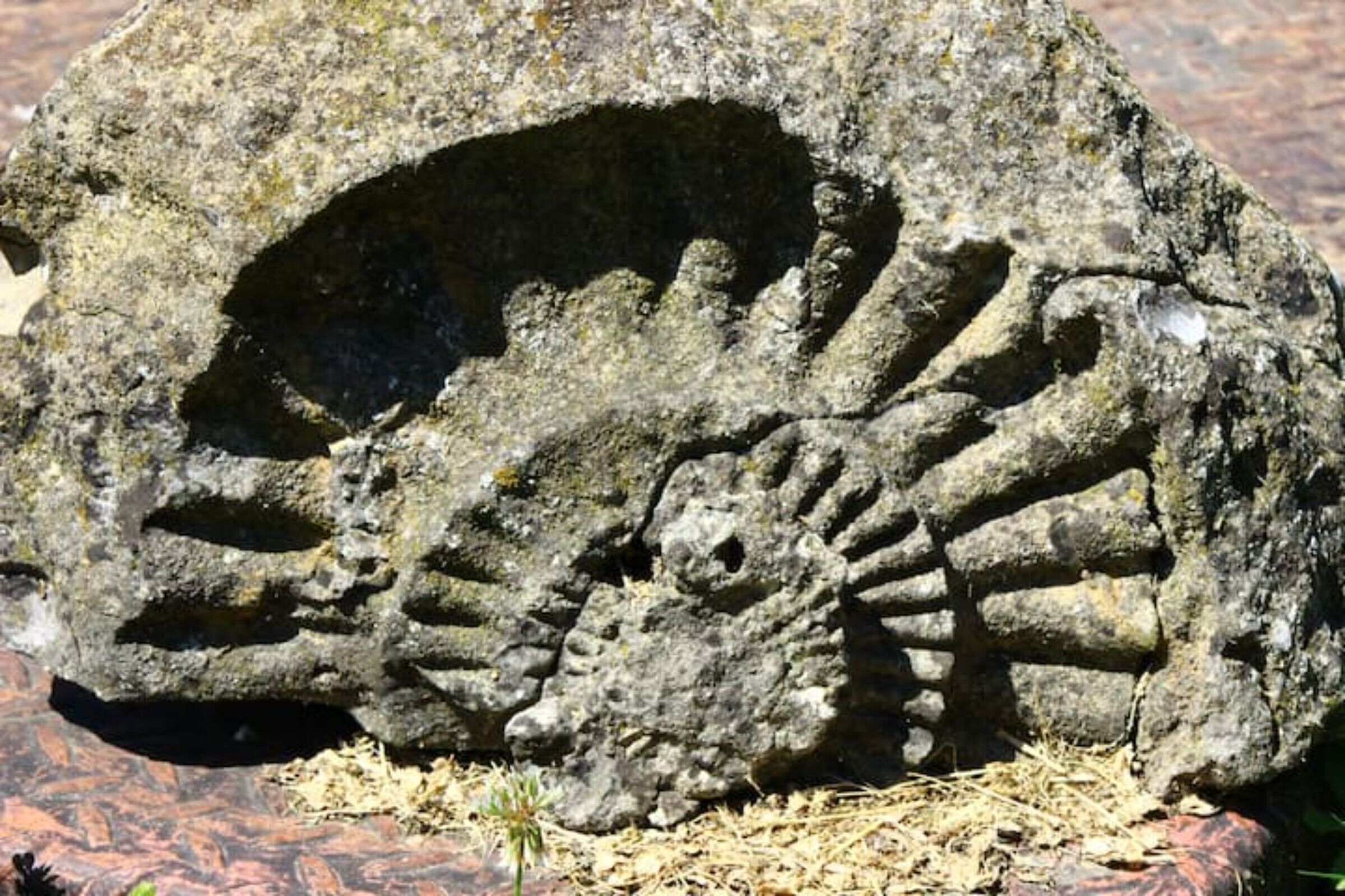 A rock with a carved face and a hole.