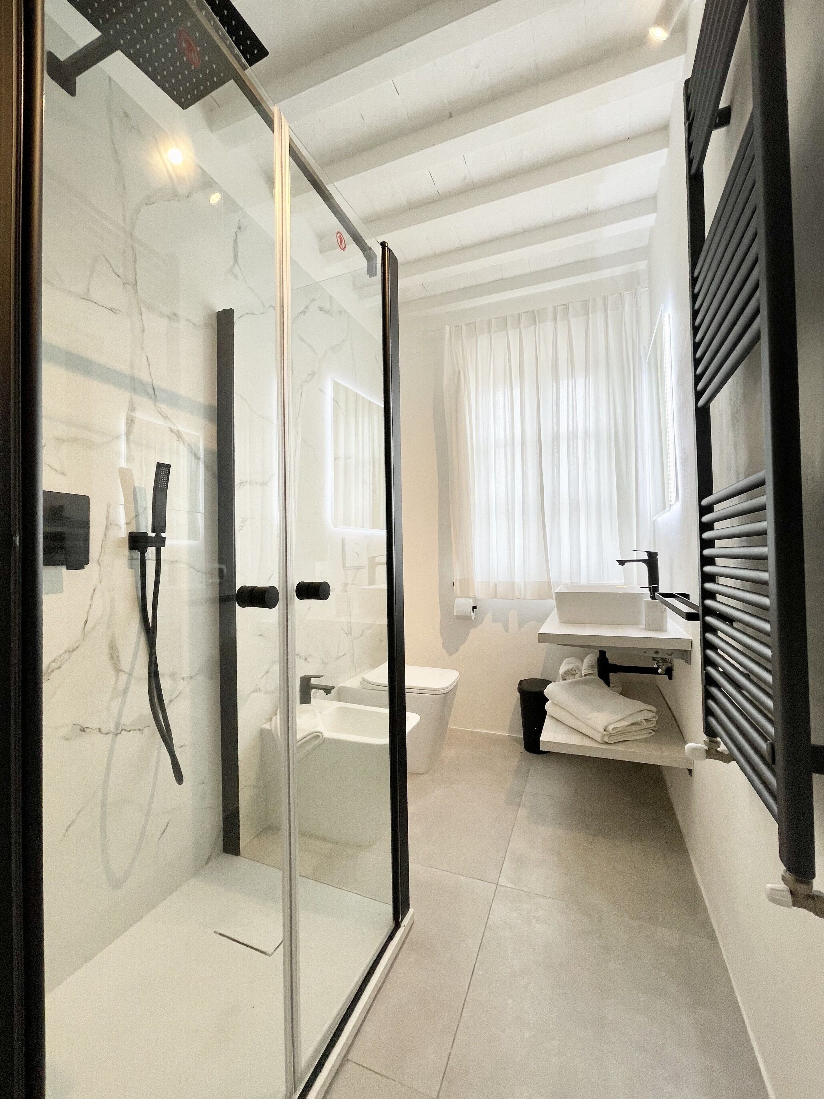 Shower, hair dryer, towels