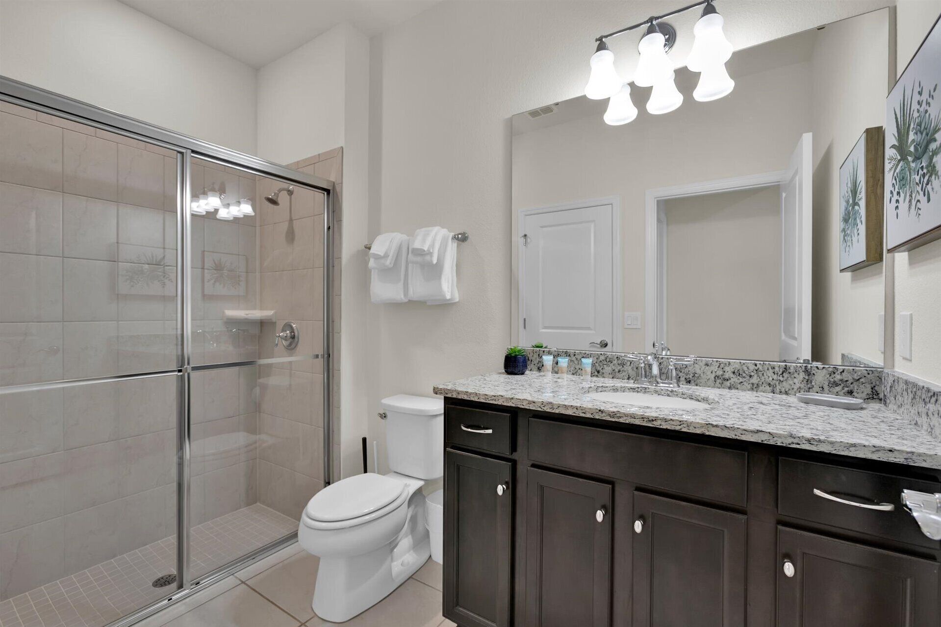 A modern bathroom with a glass shower enclosure, a white toilet, dark wooden cabinets, and a granite countertop.