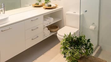Shower, hair dryer, towels, soap