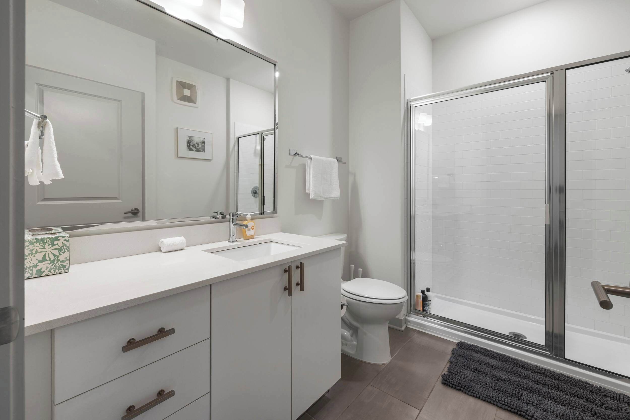 Une salle de bain moderne avec une douche à parois de verre, un lavabo blanc et un grand miroir.