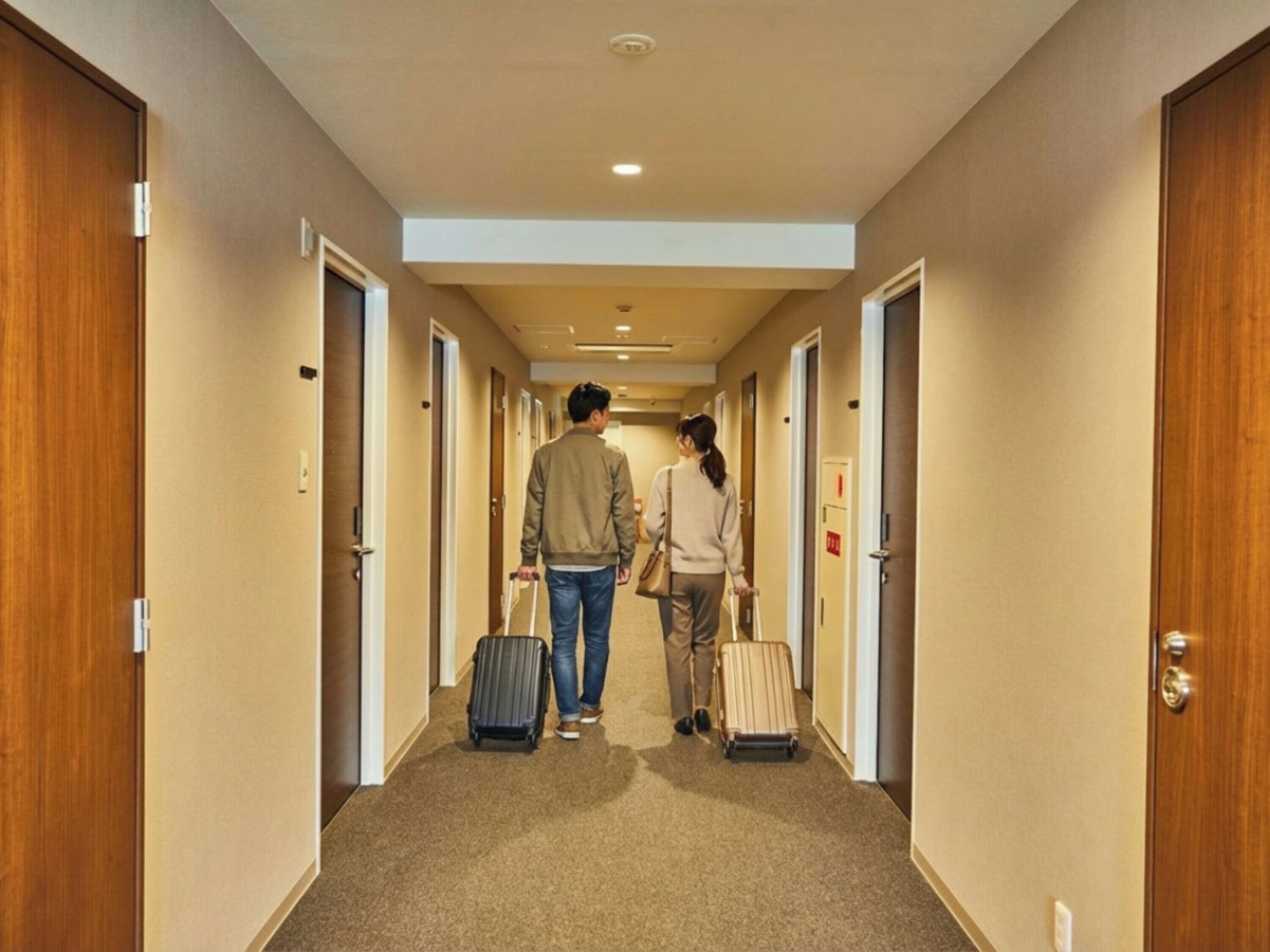 A hotel hallway with wooden doors, carpeted floors, and a ceiling light.