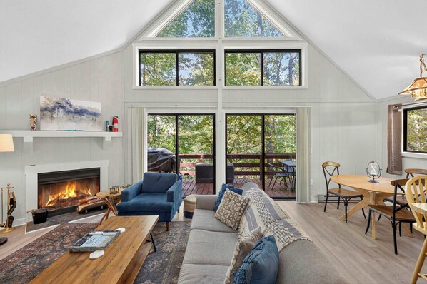 Televisión, chimenea, libros y estéreo 