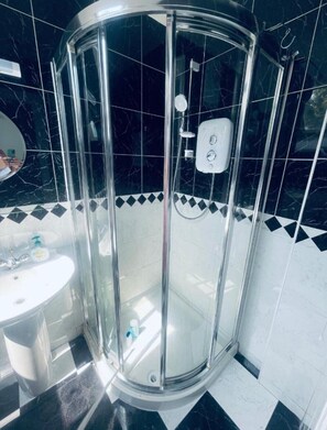 Hair dryer, towels, soap, toilet paper