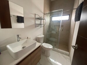 A modern bathroom with a large white sink, a toilet, and a glass-enclosed shower. - Casa Santacruz (Ensenada)