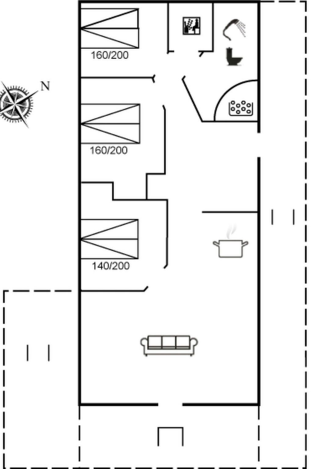 A floor plan with a kitchen, dining area, and a living room.