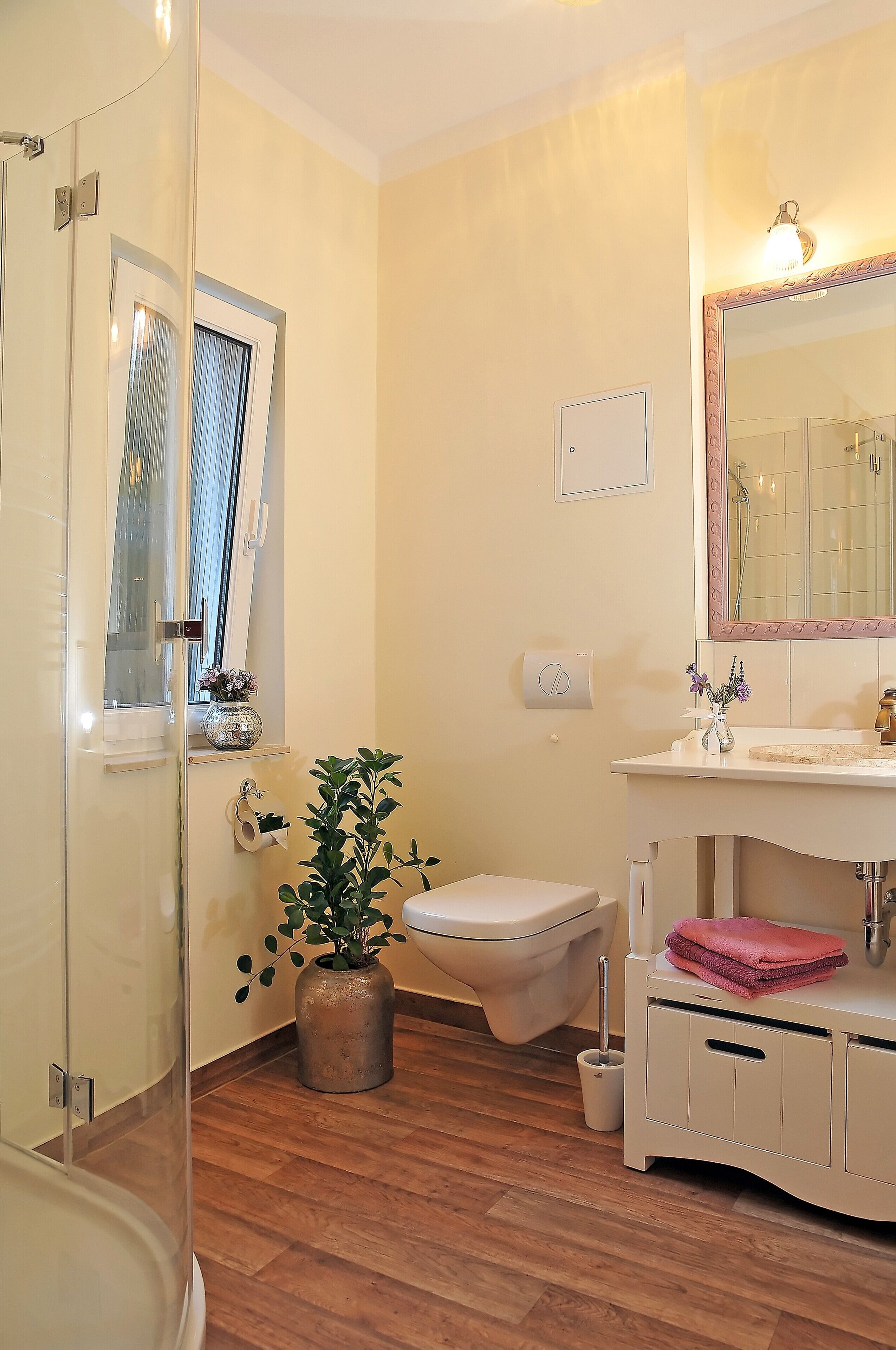 Shower, hair dryer, towels