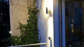 Een balkon met een metalen hekwerk, een glazen deur en een muur begroeid met klimop.