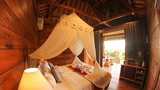A wooden cabin room with a bed, a lamp, and a television.