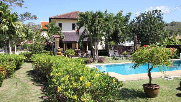 Zona de piscina con una casa al fondo, rodeada de exuberante vegetación y palmeras.