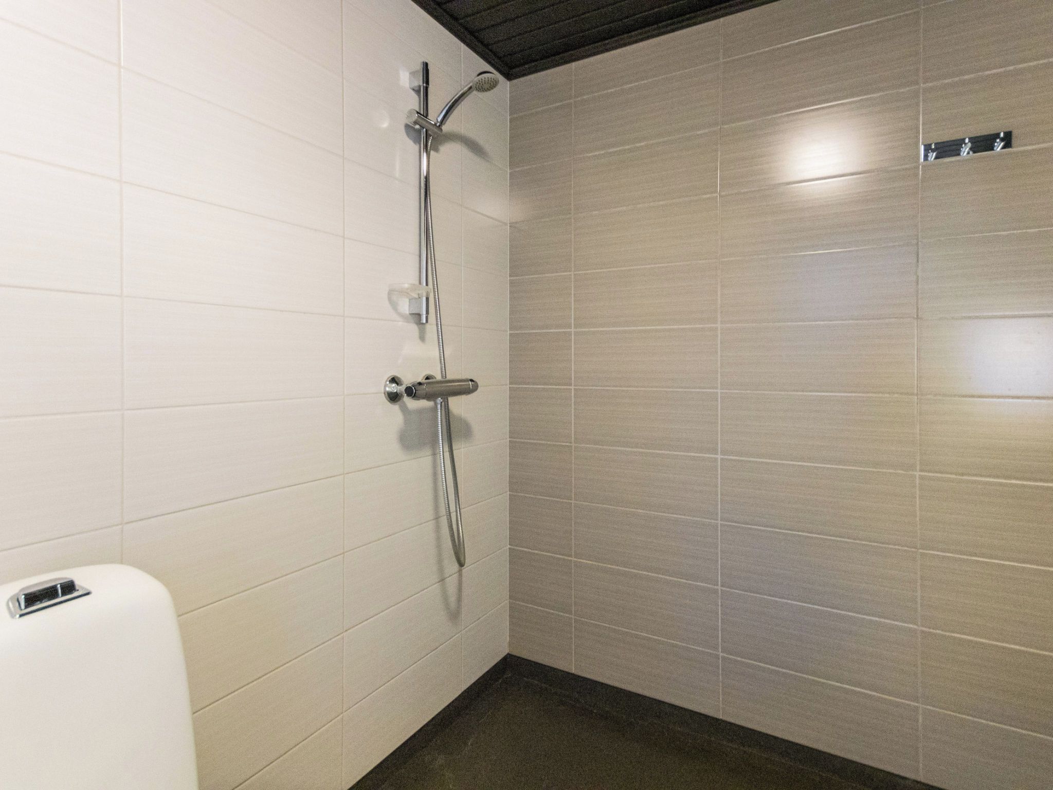 Een badkamer met witte betegelde wanden, een douche met handdouche en een toilet met papieren handdoekdispenser.