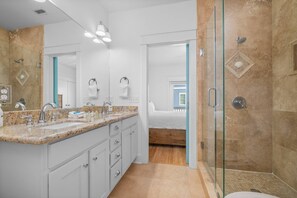 Shower, hair dryer, shampoo