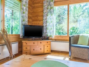 Tunnelmallinen olohuone, jossa on televisio puisen lipaston päällä, rottinkituoli ja suuret ikkunat, joista avautuu näkymä puita kohti.