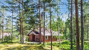 Une cabane entourée de grands arbres, située dans une zone boisée.