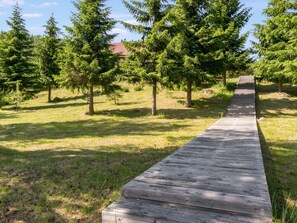 Un pasarela de madera que atraviesa un área con césped y árboles.