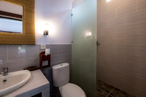 A modern bathroom with a sink, toilet, and glass shower enclosure.