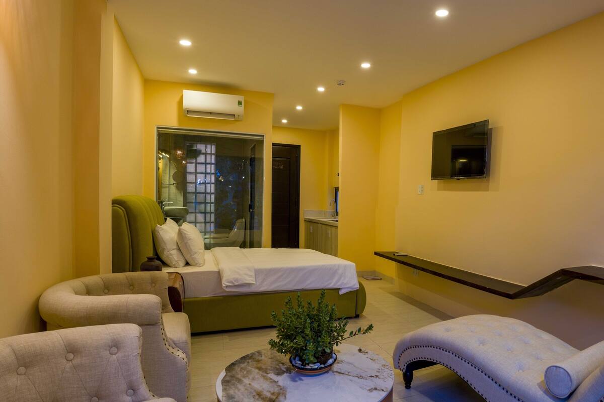 A hotel room with a bed, a seating area with chairs, a small table with a plant, a TV mounted on the wall, and an air conditioning unit.