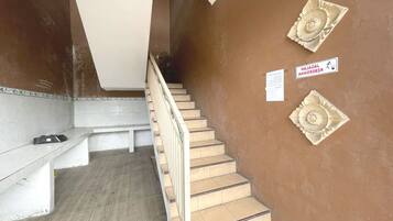 A staircase with a handrail, a bench, and a green mat at the bottom.