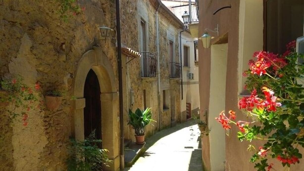 A narrow alleyway with stone walls, potted plants, and hanging flowers. - Cilento Antico Holiday Homes a few km from the sea (Stella Cilento)