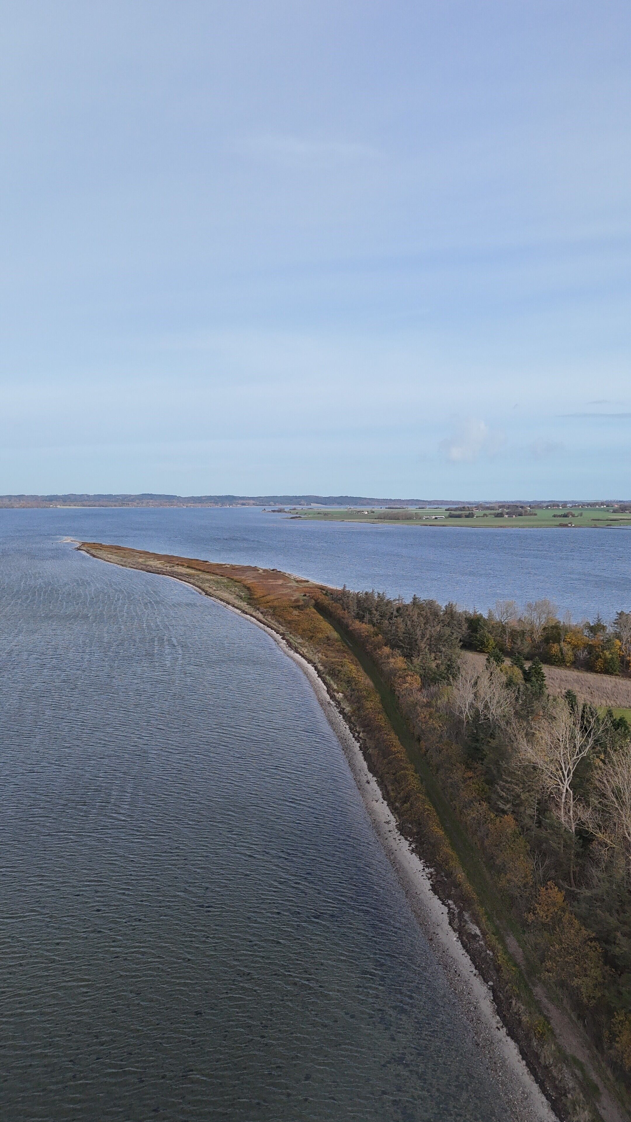 A coastal landscape with a sandy beach, a narrow strip of vegetation, and a calm body of water.