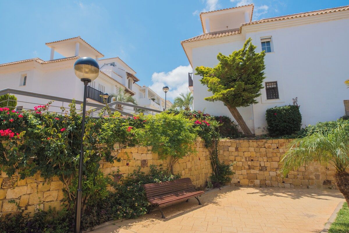 A paved courtyard with a bench, a stone wall, and a tree.