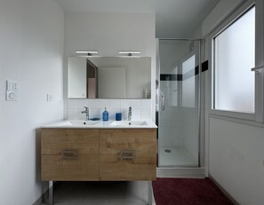 Shower, hair dryer, towels