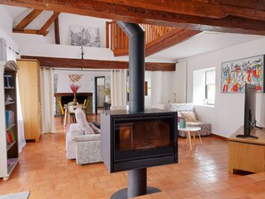 TV, fireplace, foosball